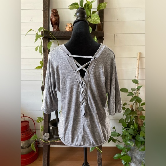 Tops - Gray Blouse with Opening and Ties in Back